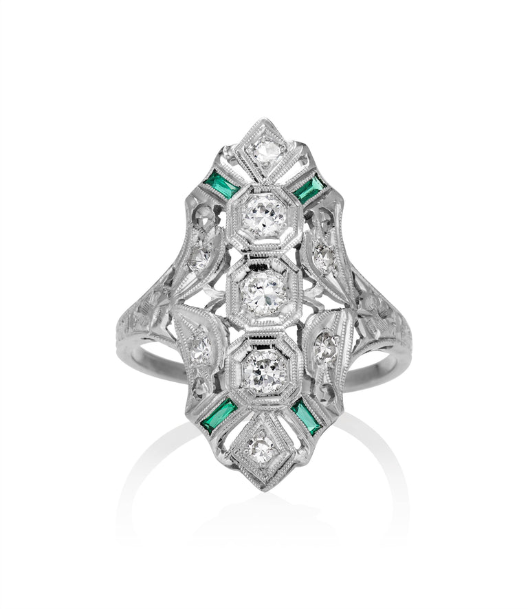 Art Deco .25 Carat Diamond and Simulated Emerald White Gold Navette Vintage Engagement Ring