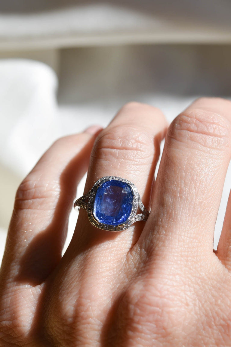Art Deco 4.65 Carat Ceylon No Heat Cushion Cut Sapphire and Diamond Halo Platinum Vintage Engagement Ring