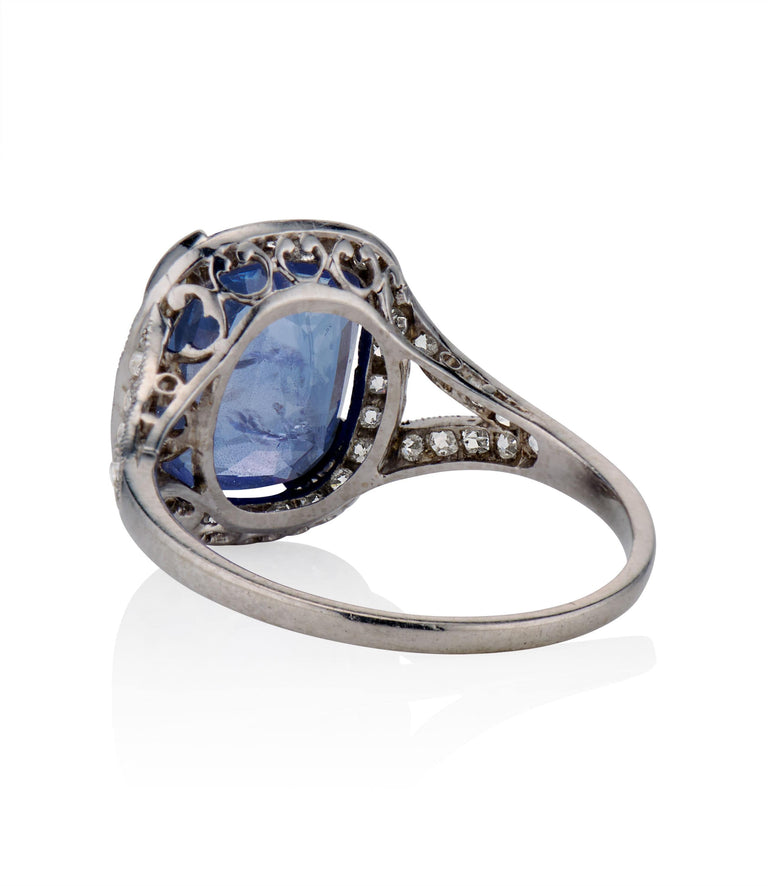 Art Deco 4.65 Carat Ceylon No Heat Cushion Cut Sapphire and Diamond Platinum Vintage Engagement Ring