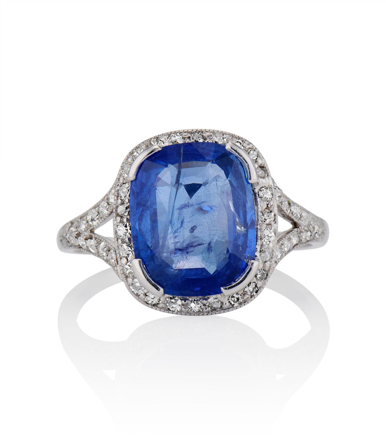 Art Deco 4.65 Carat Ceylon No Heat Cushion Cut Sapphire and Diamond Platinum Vintage Engagement Ring