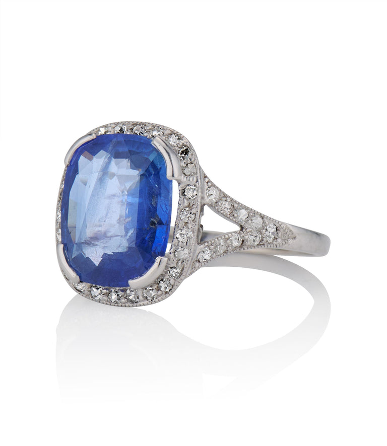 Art Deco 4.65 Carat Ceylon No Heat Cushion Cut Sapphire and Diamond Platinum Vintage Engagement Ring