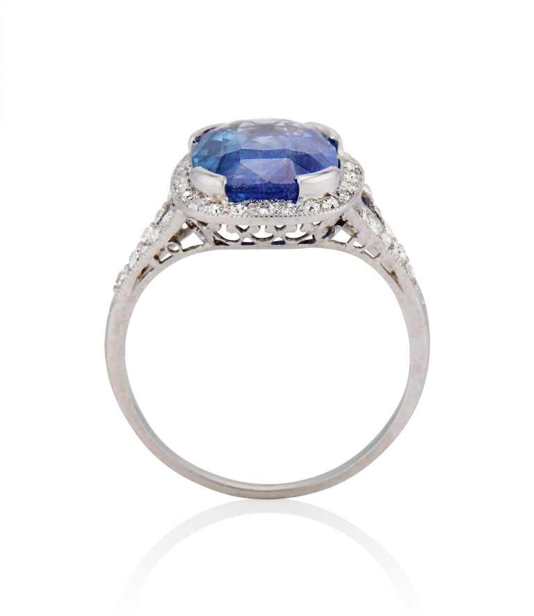 Art Deco 4.65 Carat Ceylon No Heat Cushion Cut Sapphire and Diamond Platinum Vintage Engagement Ring