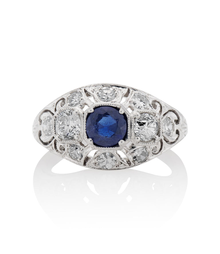 Art Deco .45 Carat Burma No Heat Brilliant Cut Sapphire and Diamond Platinum Vintage Engagement Ring
