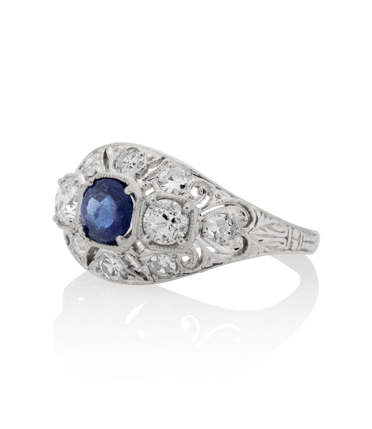 Art Deco .45 Carat Burma No Heat Brilliant Cut Sapphire and Diamond Platinum Vintage Engagement Ring