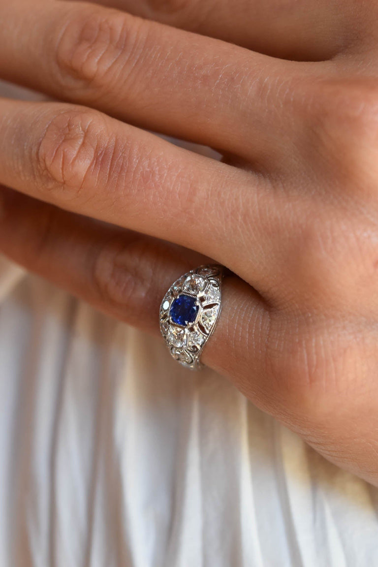 Art Deco .45 Carat Burma No Heat Brilliant Cut Sapphire and Diamond Platinum Vintage Engagement Ring