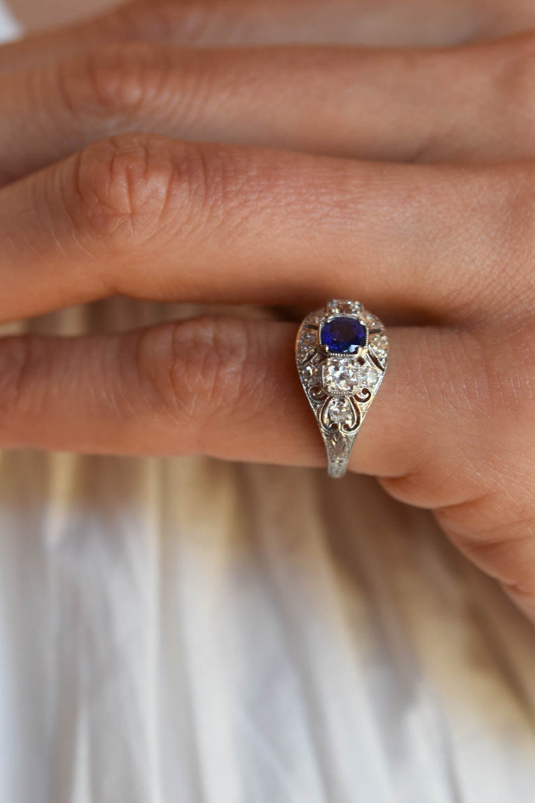 Art Deco .45 Carat Burma No Heat Brilliant Cut Sapphire and Diamond Platinum Vintage Engagement Ring