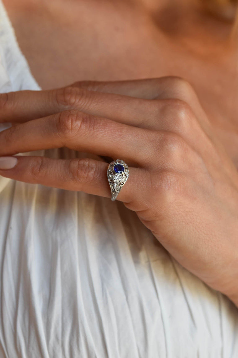 Art Deco .45 Carat Burma No Heat Brilliant Cut Sapphire and Diamond Platinum Vintage Engagement Ring