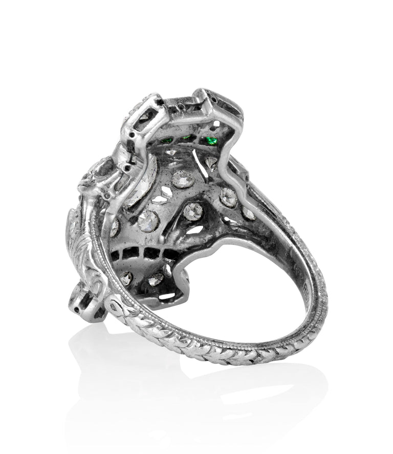 Art Deco .45 Carat Diamond and Emerald Platinum Navette Vintage Engagement Ring