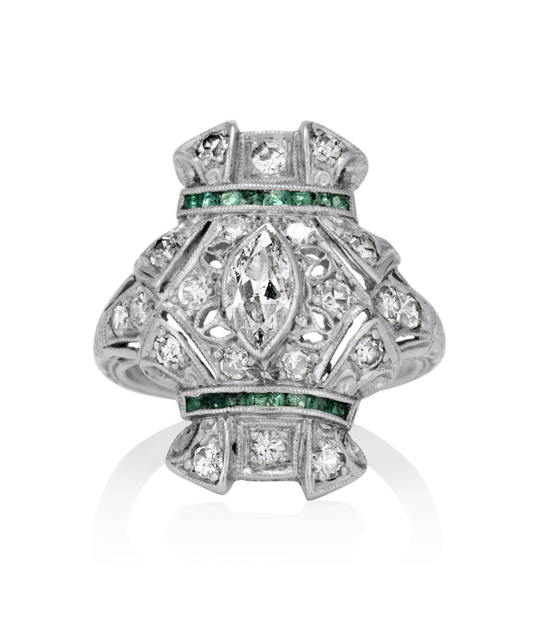 Art Deco .45 Carat Diamond and Emerald Platinum Navette Vintage Engagement Ring