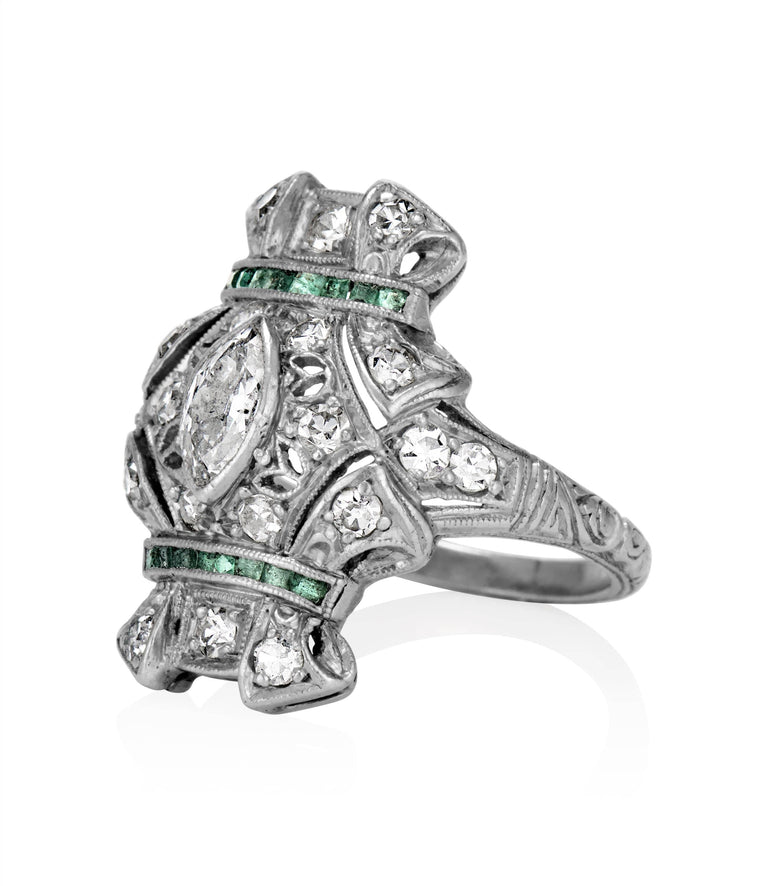 Art Deco .45 Carat Diamond and Emerald Platinum Navette Vintage Engagement Ring