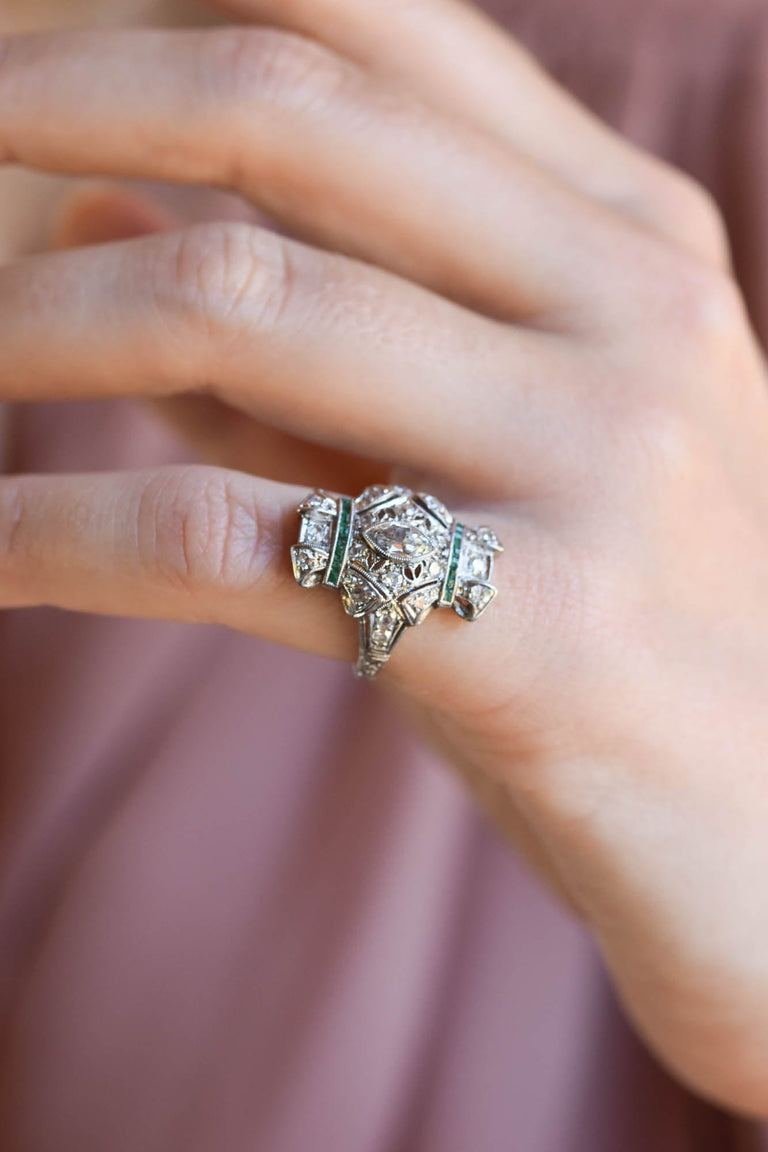 Art Deco .45 Carat Diamond and Emerald Platinum Navette Vintage Engagement Ring