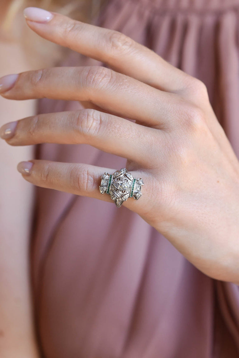 Art Deco .45 Carat Diamond and Emerald Platinum Navette Vintage Engagement Ring
