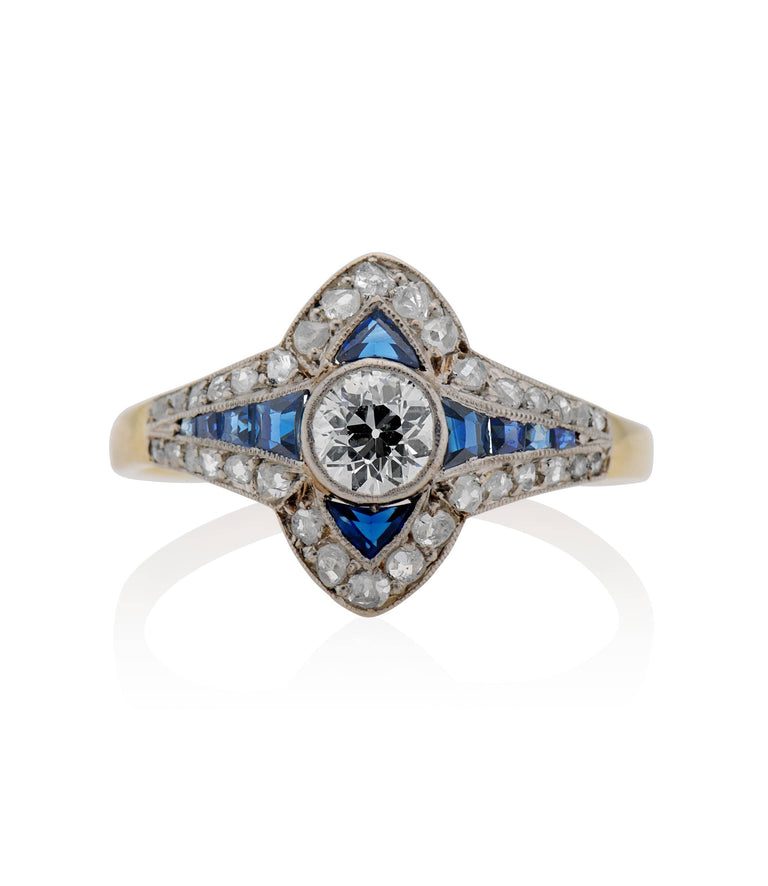 Art Deco .45 Carat Old European Cut Diamond & Sapphire Vintage Engagement Ring