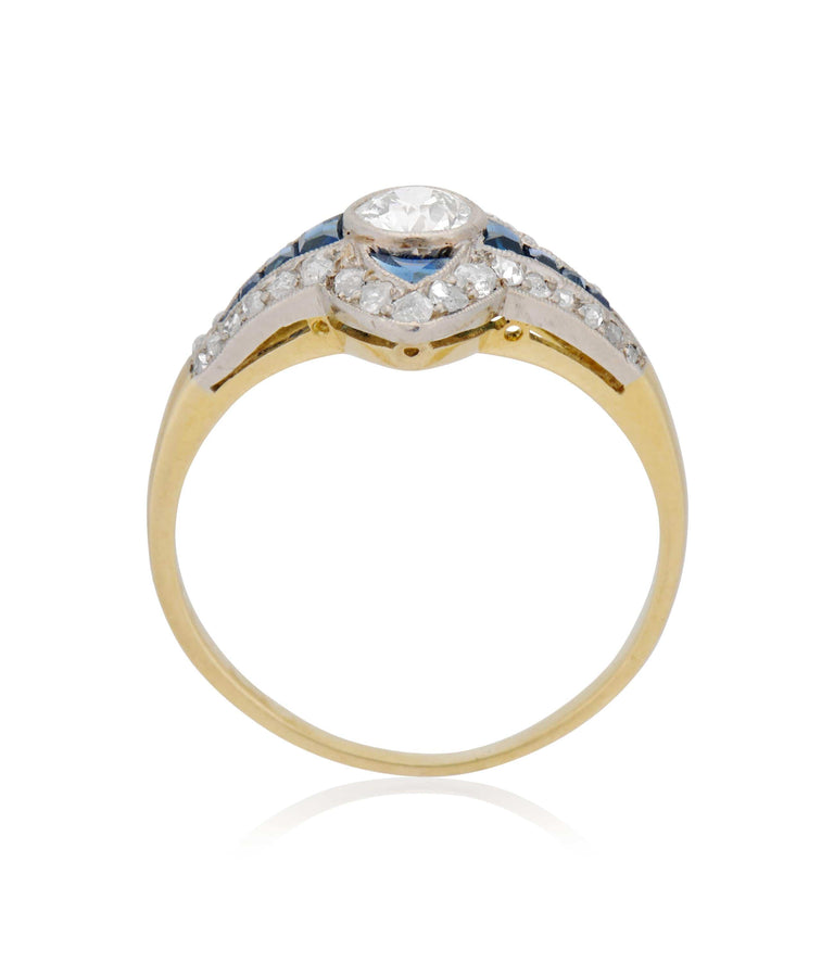Art Deco .45 Carat Old European Cut Diamond & Sapphire Vintage Engagement Ring