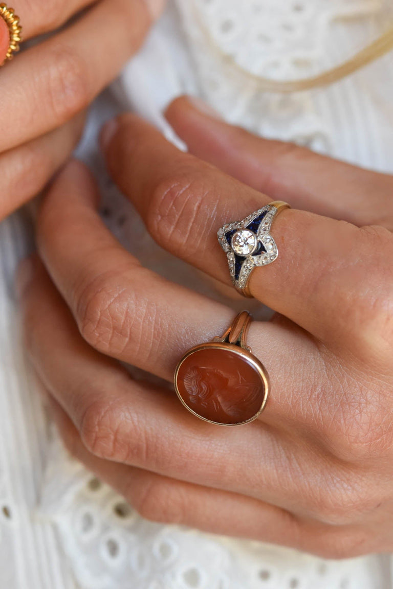 Art Deco .45 Carat Old European Cut Diamond & Sapphire Vintage Engagement Ring