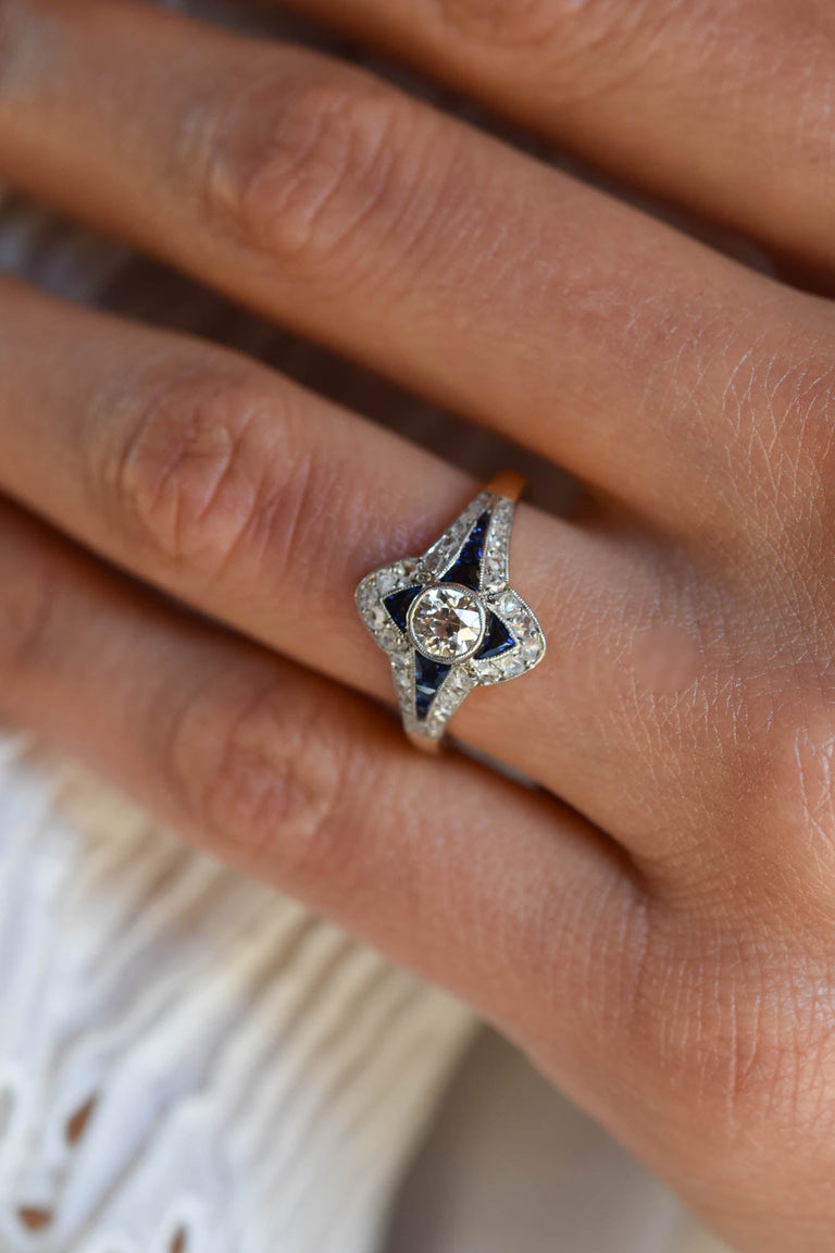 Art Deco .45 Carat Old European Cut Diamond & Sapphire Vintage Engagement Ring