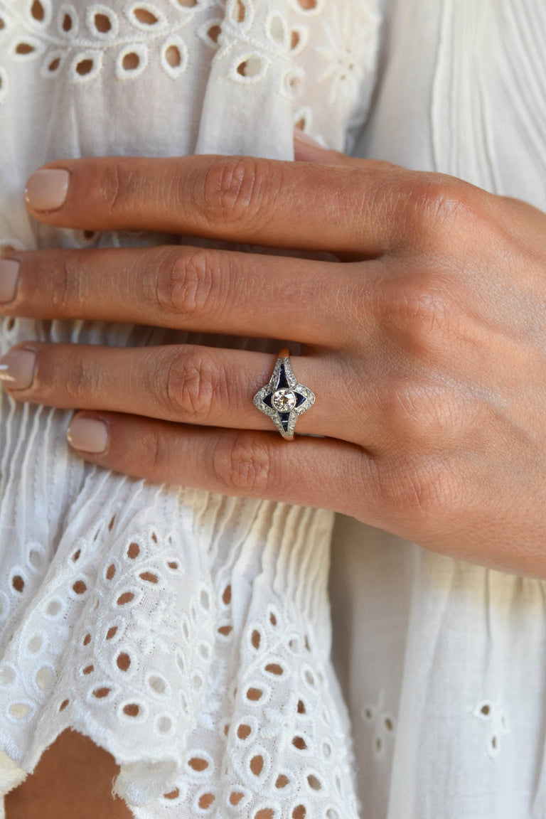 Art Deco .45 Carat Old European Cut Diamond & Sapphire Vintage Engagement Ring