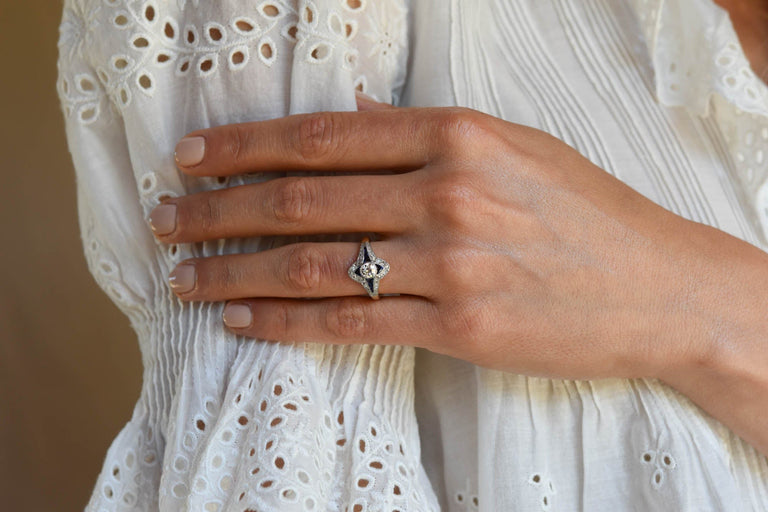 Art Deco .45 Carat Old European Cut Diamond & Sapphire Vintage Engagement Ring