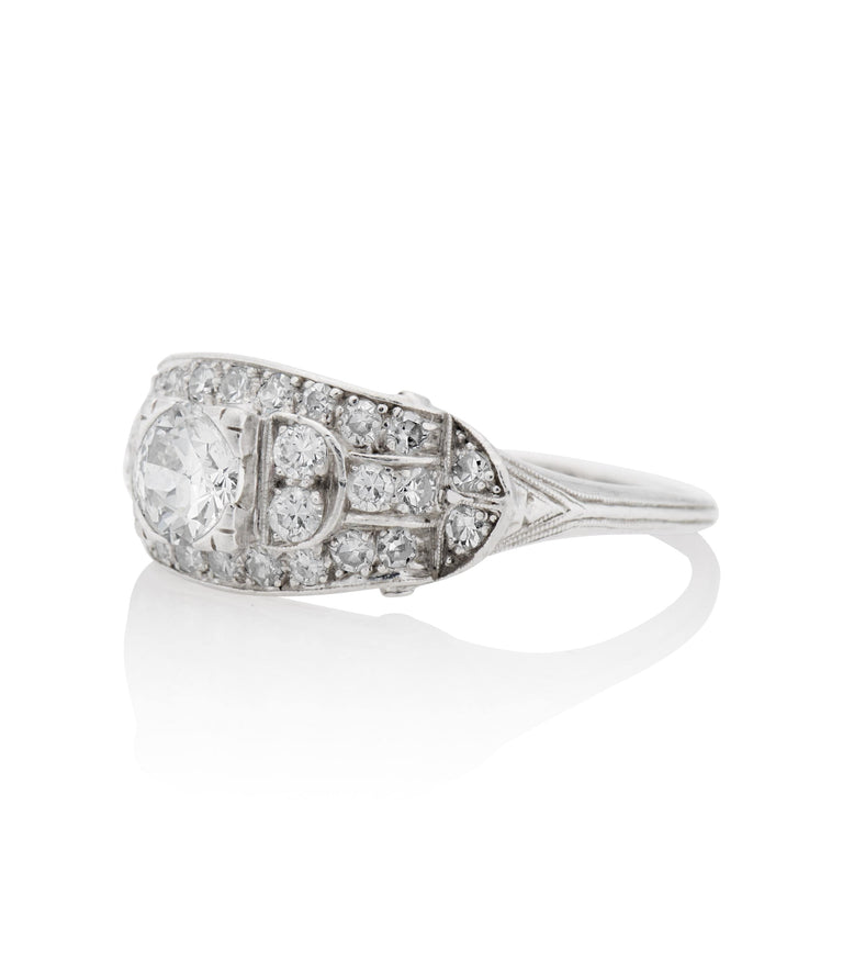 Art Deco .90 Carat Old European Cut Diamond Platinum Vintage Engagement Ring