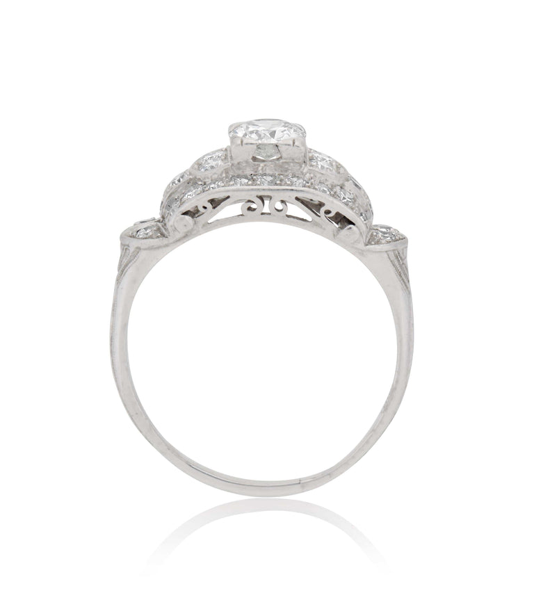 Art Deco .90 Carat Old European Cut Diamond Platinum Vintage Engagement Ring