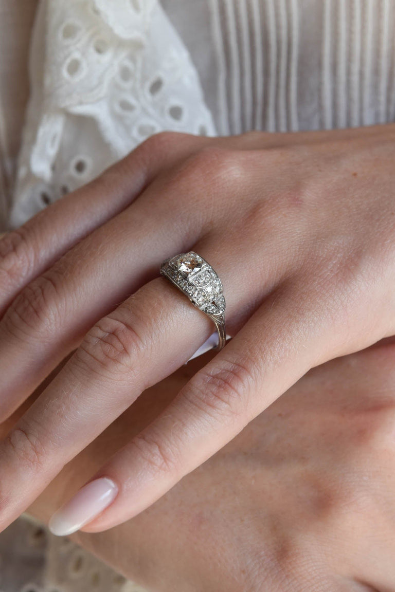Art Deco .90 Carat Old European Cut Diamond Platinum Vintage Engagement Ring