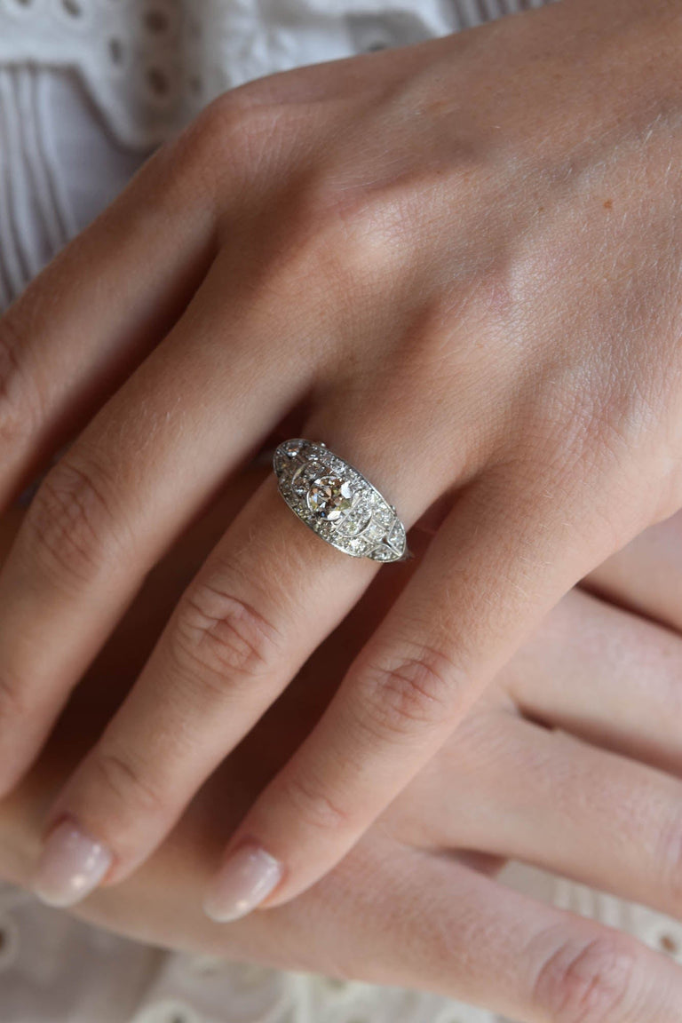 Art Deco .90 Carat Old European Cut Diamond Platinum Vintage Engagement Ring