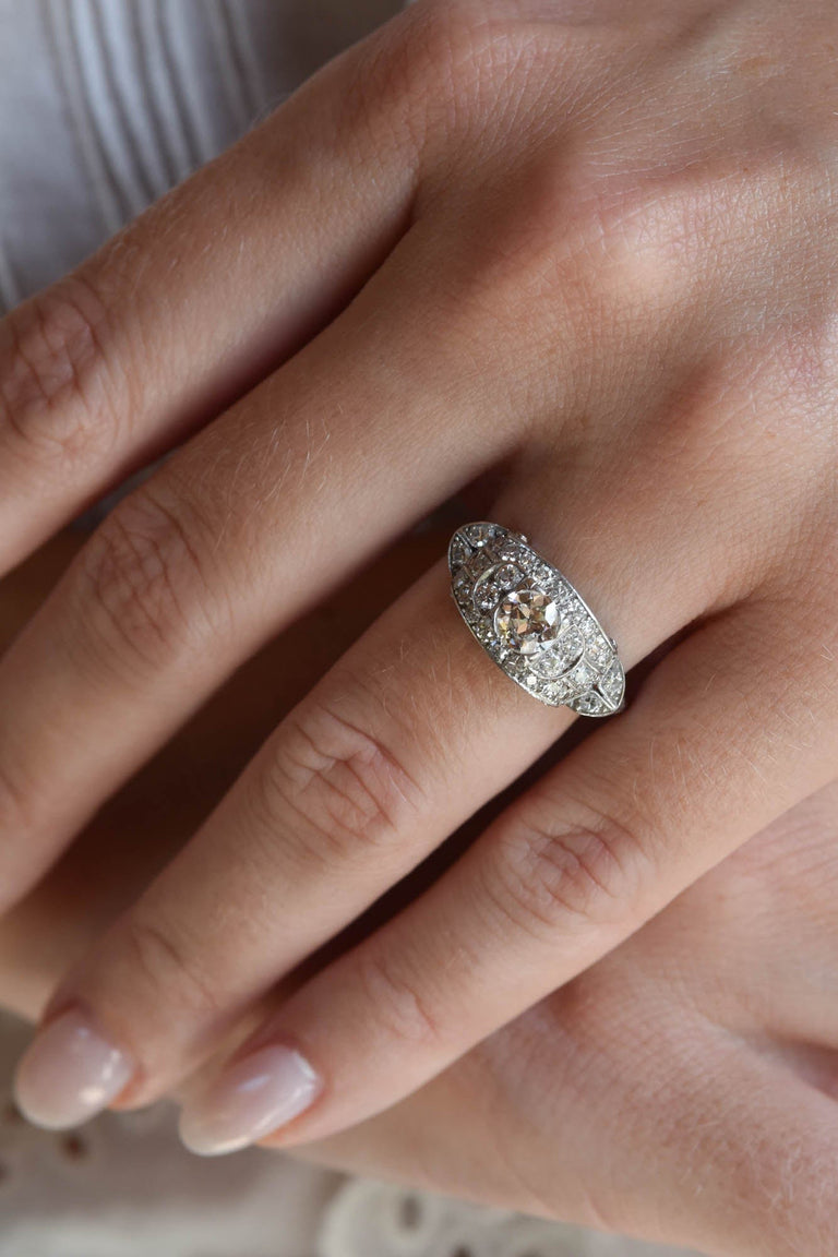 Art Deco .90 Carat Old European Cut Diamond Platinum Vintage Engagement Ring