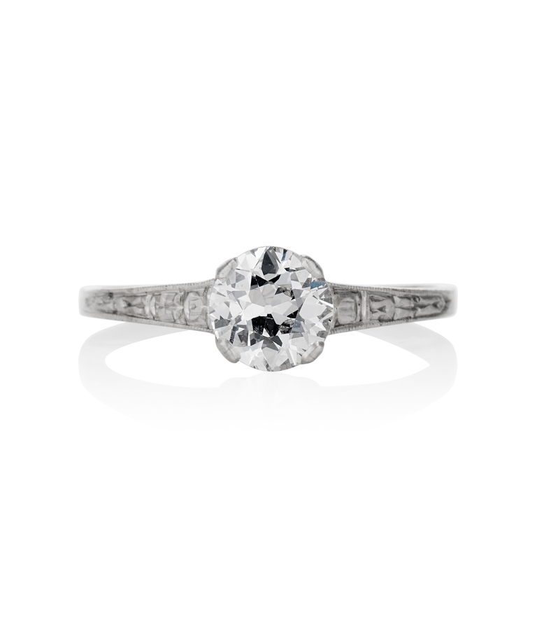 Art Deco .97 Carat Old European Cut Diamond Platinum Solitaire Vintage Engagement Ring