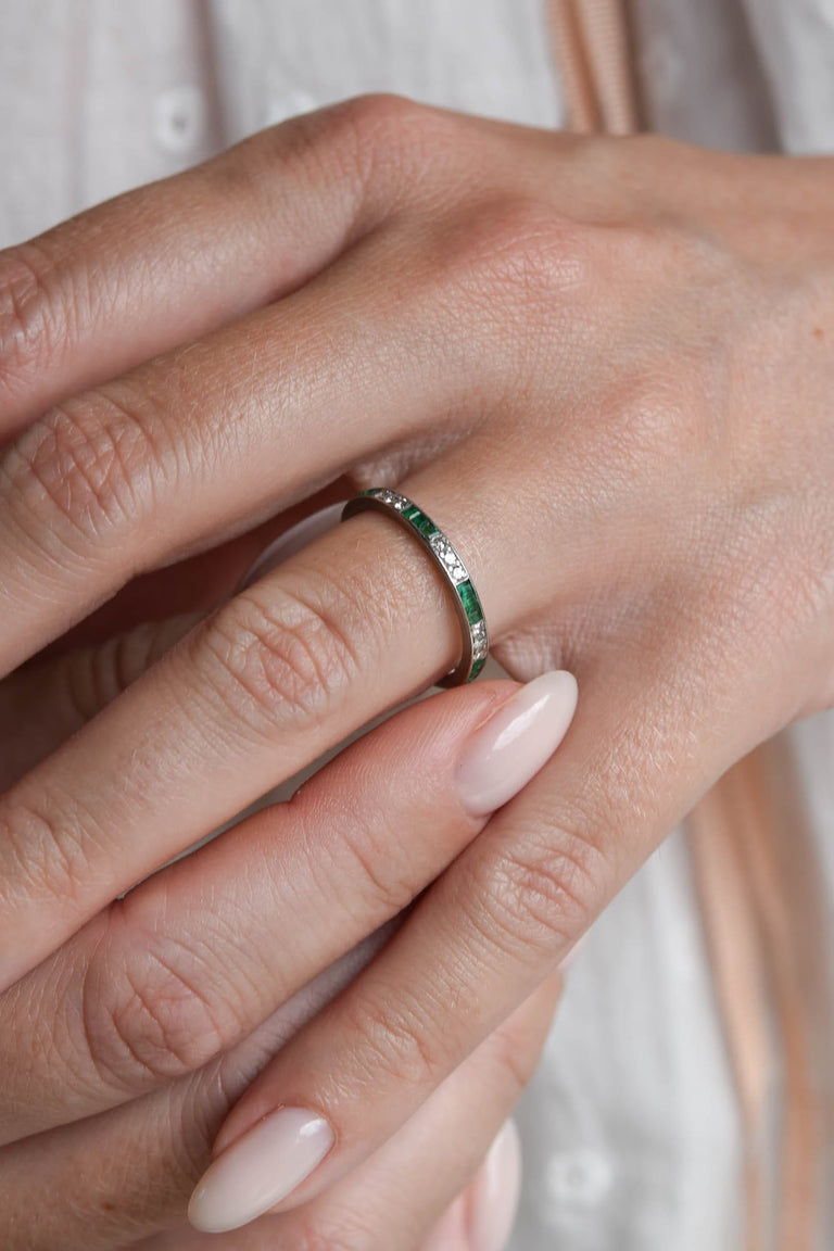 Art Deco Diamond and Emerald Vintage Eternity Wedding Band - Size 7.25