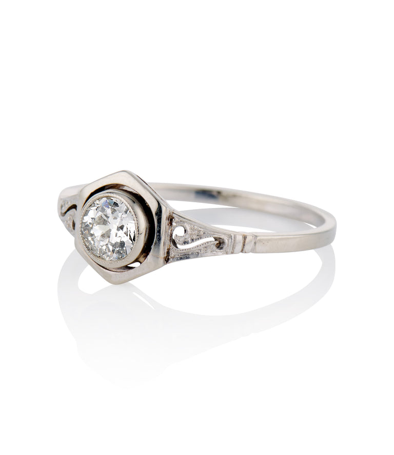 Art Deco .40 Carat Old European Cut Diamond White Gold Vintage Engagement Ring