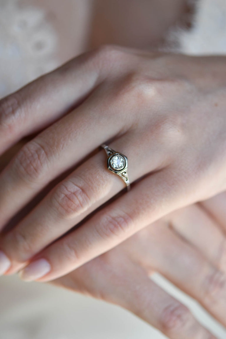 Art Deco .40 Carat Old European Cut Diamond White Gold Vintage Engagement Ring