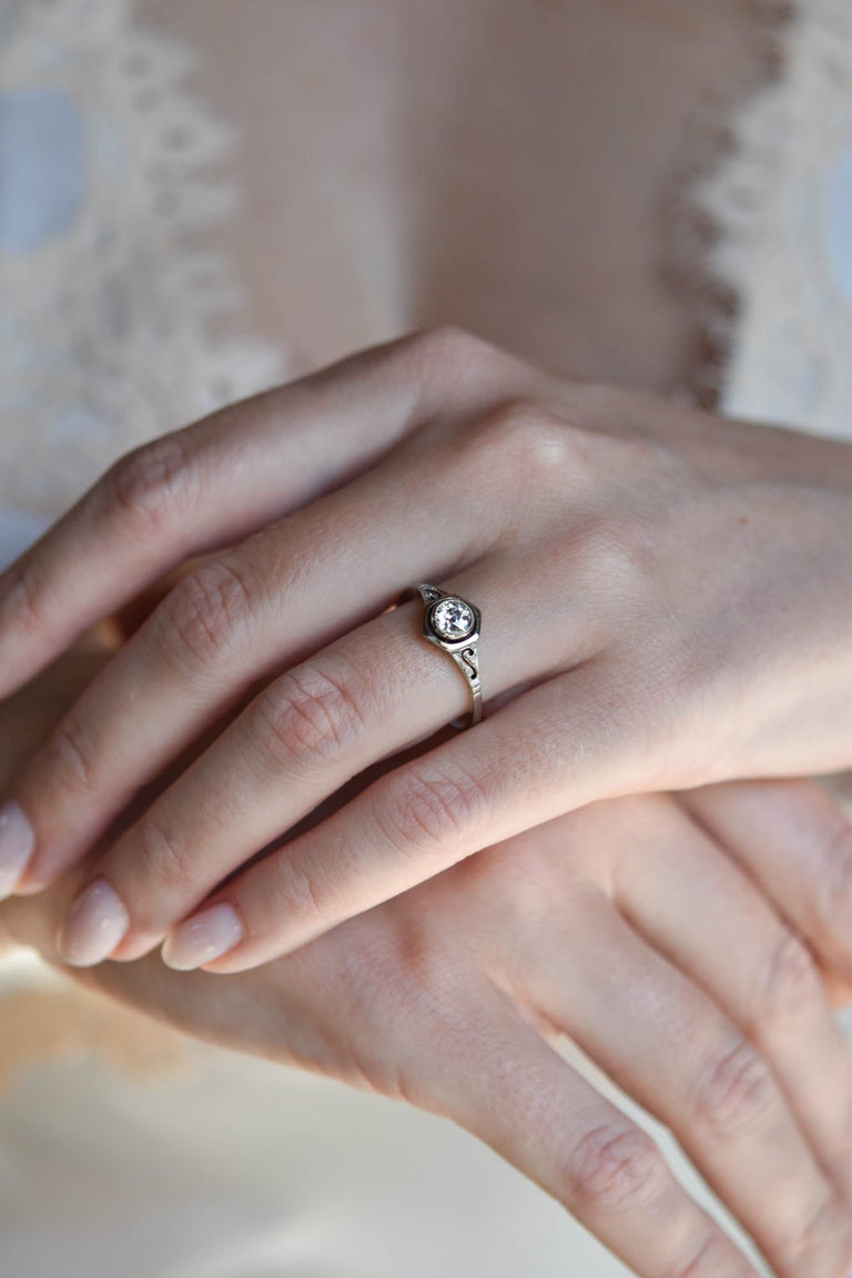 Art Deco .40 Carat Old European Cut Diamond White Gold Vintage Engagement Ring