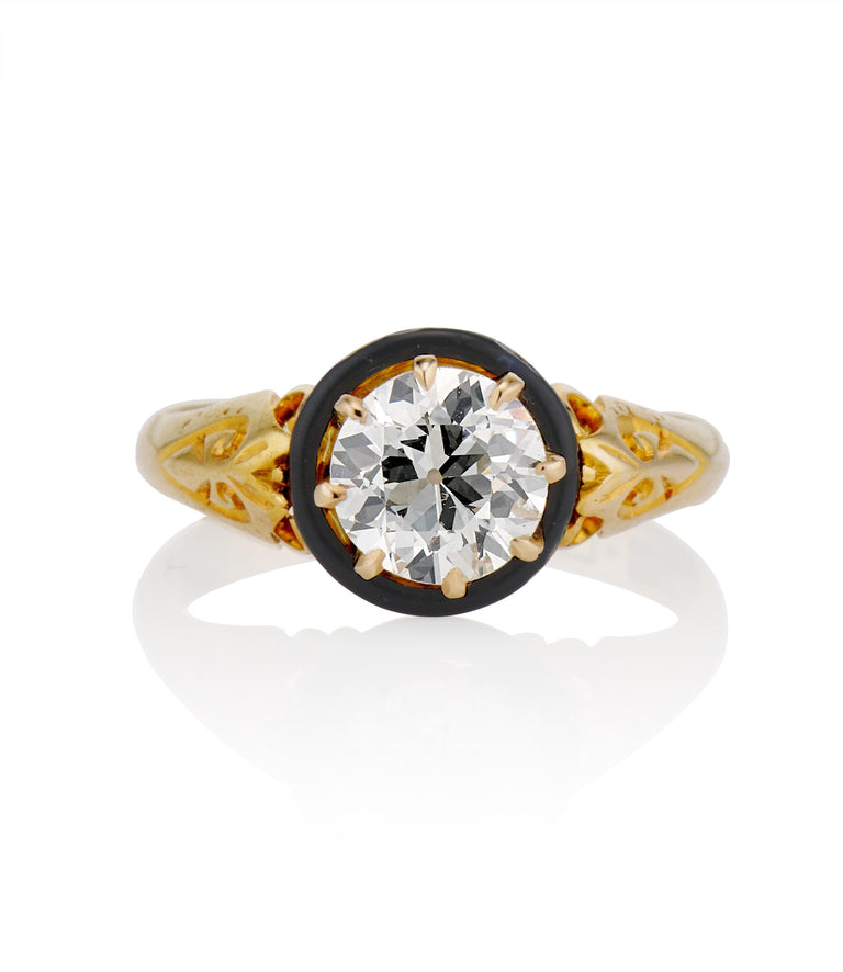 Art Nouveau 1.17 Carat Old European Cut Diamond Yellow Gold and Black Enamel Engagement Ring