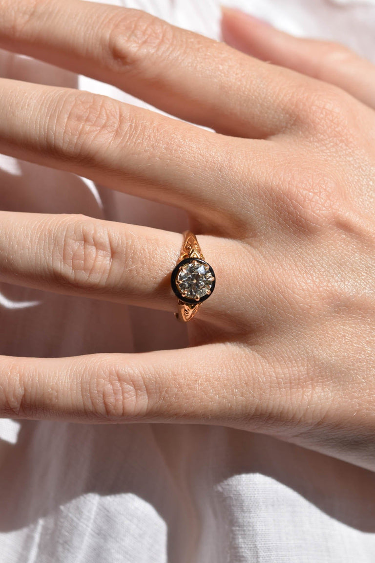 Art Nouveau 1.17 Carat Old European Cut Diamond Yellow Gold and Black Enamel Engagement Ring