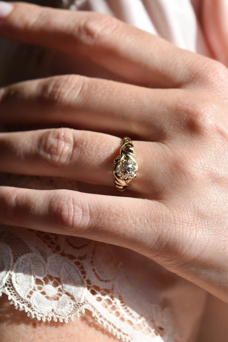 Art Nouveau .95 Carat Old European Cut Diamond Yellow Gold Vintage Engagement Ring