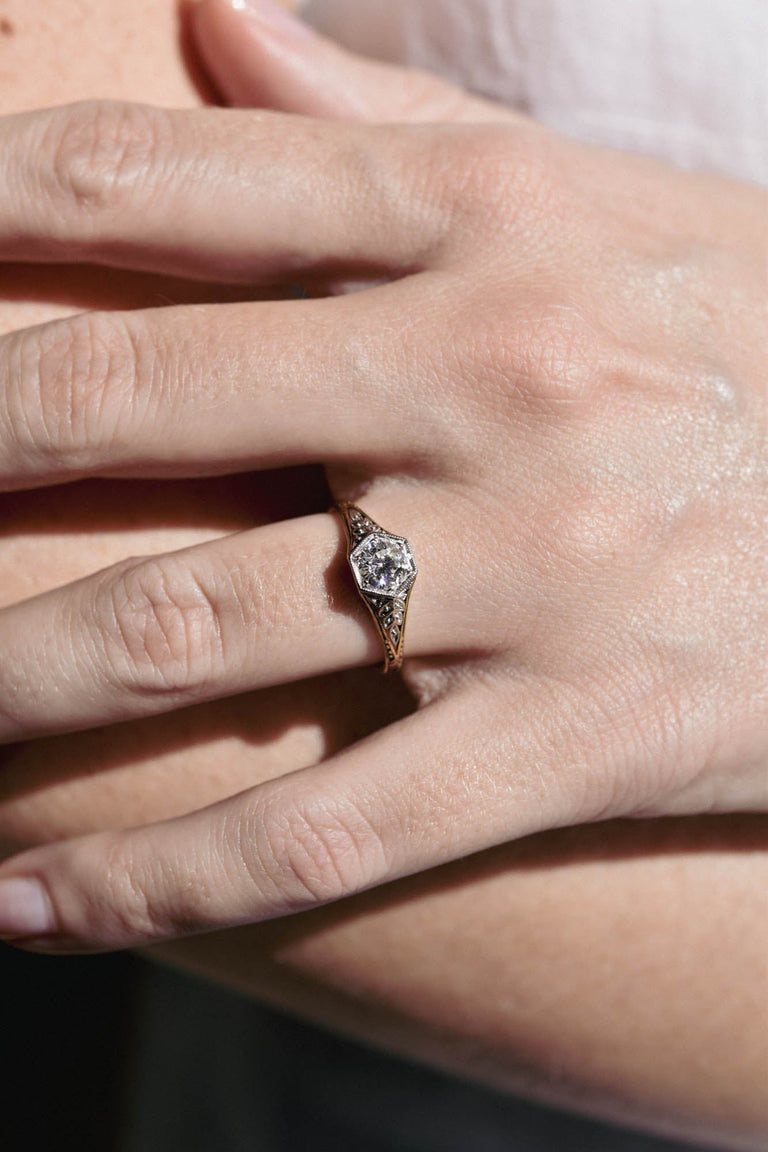 Belle Epoque .50 Carat Old European Cut Diamond Two Tone Vintage Engagement Ring