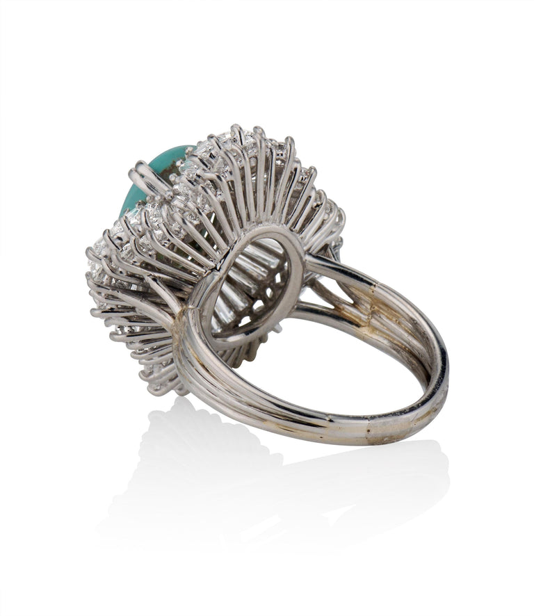 Contemporary 3.00 Turquoise and Tapered Baguette Diamond Platinum Cocktail Ring