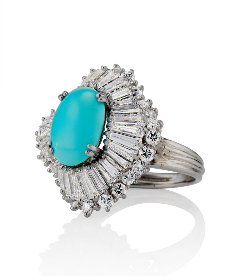Contemporary 3.00 Turquoise and Tapered Baguette Diamond Platinum Cocktail Ring