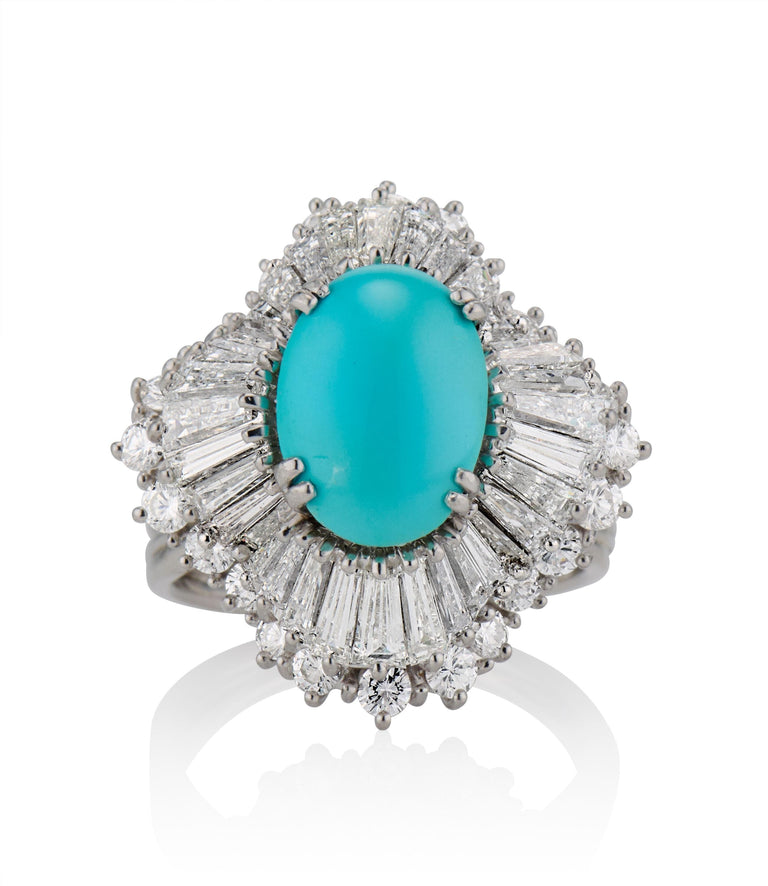 Contemporary 3.00 Turquoise and Tapered Baguette Diamond Platinum Cocktail Ring