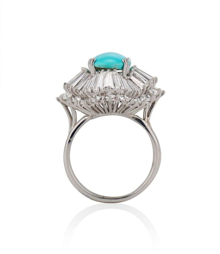 Contemporary 3.00 Turquoise and Tapered Baguette Diamond Platinum Cocktail Ring