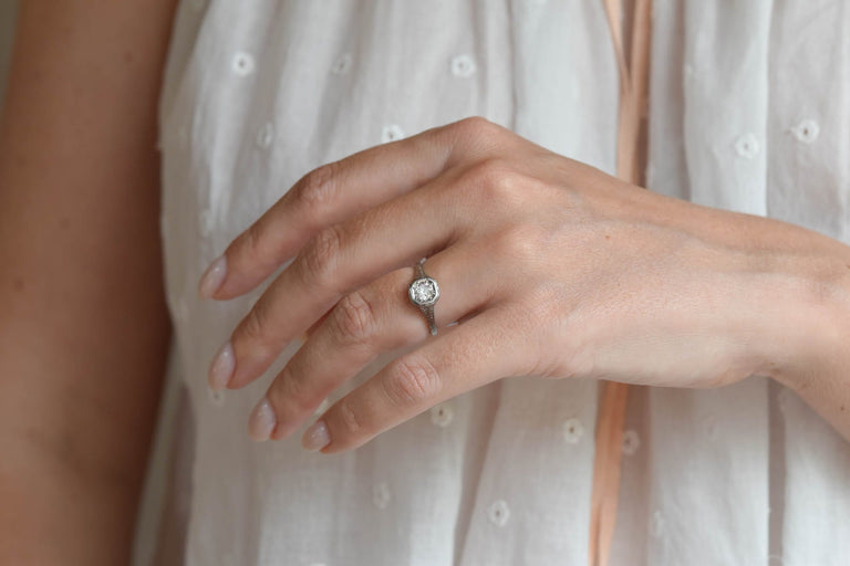 Edwardian .40 Carat Old European Cut Diamond Engraved Platinum Antique Engagement Ring