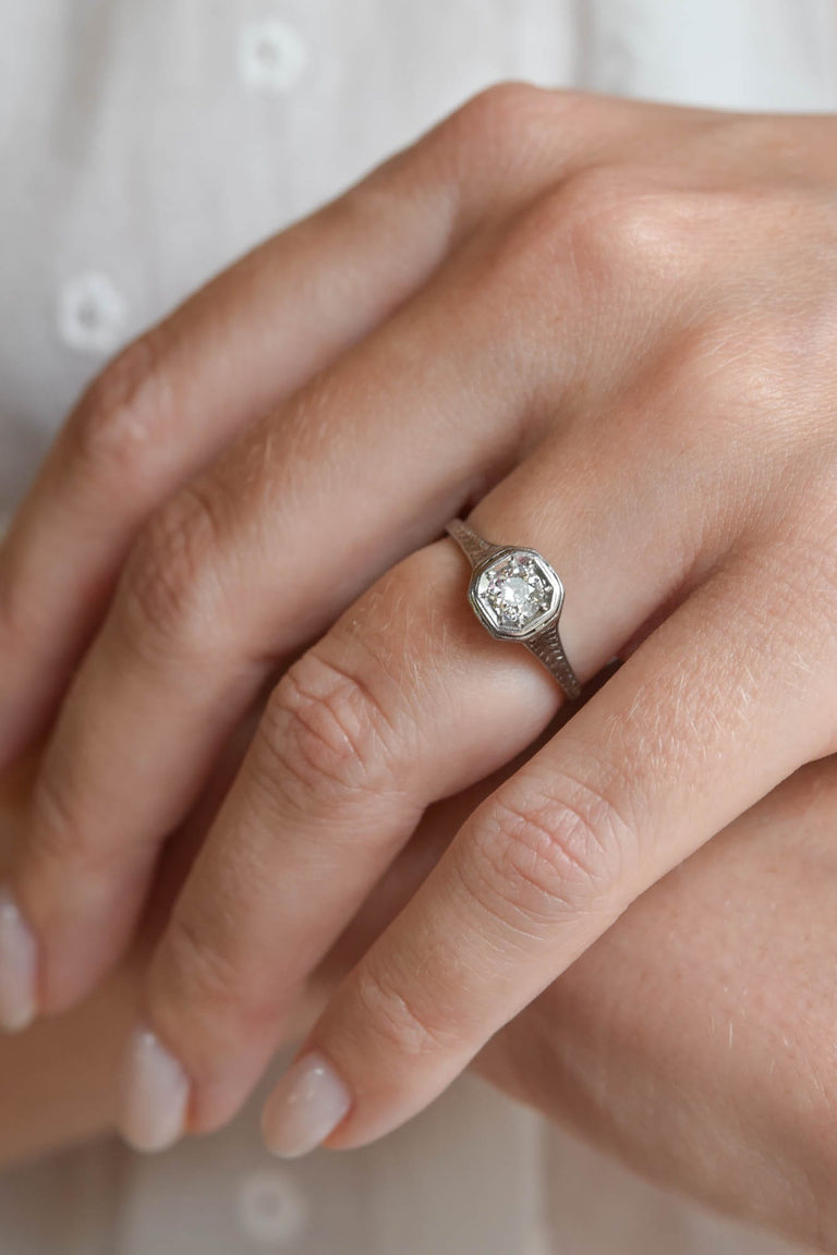 Edwardian .40 Carat Old European Cut Diamond Engraved Platinum Antique Engagement Ring