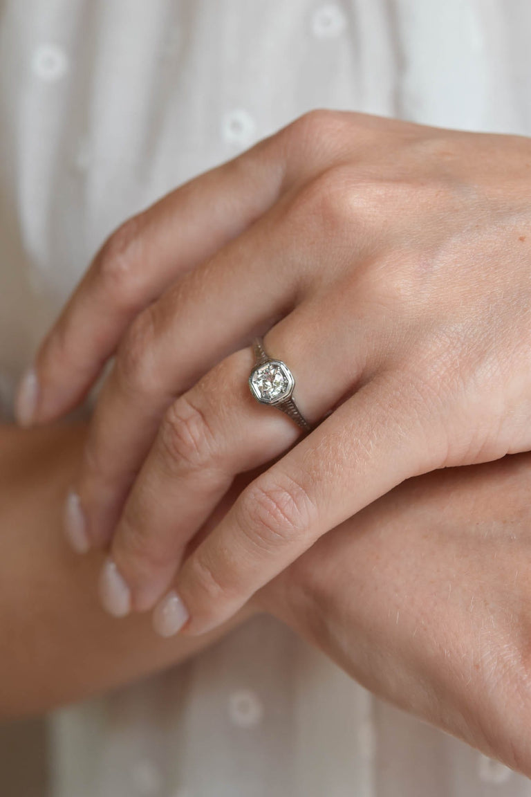 Edwardian .40 Carat Old European Cut Diamond Engraved Platinum Antique Engagement Ring