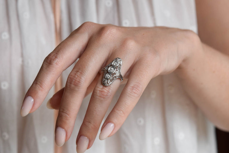 Edwardian .50 Carat Old European Cut Diamond Antique Navette Ring