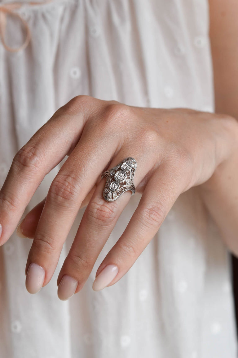 Edwardian .50 Carat Old European Cut Diamond Antique Navette Ring