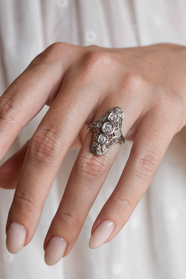 Edwardian .50 Carat Old European Cut Diamond Antique Navette Ring