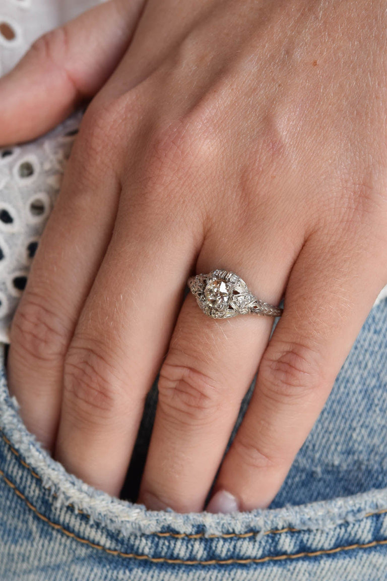 Edwardian .56 Carat Old European Cut Diamond Platinum Antique Engagement Ring