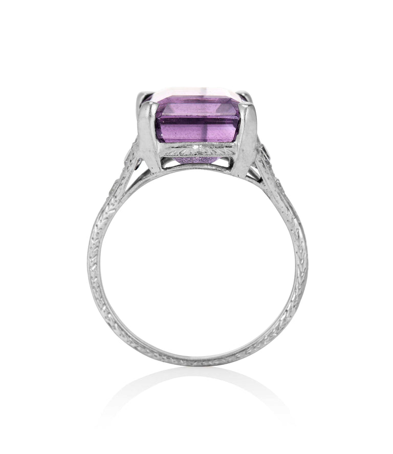 Edwardian 6 Carat Emerald Cut Amethyst and Diamond White Gold Engagement Ring