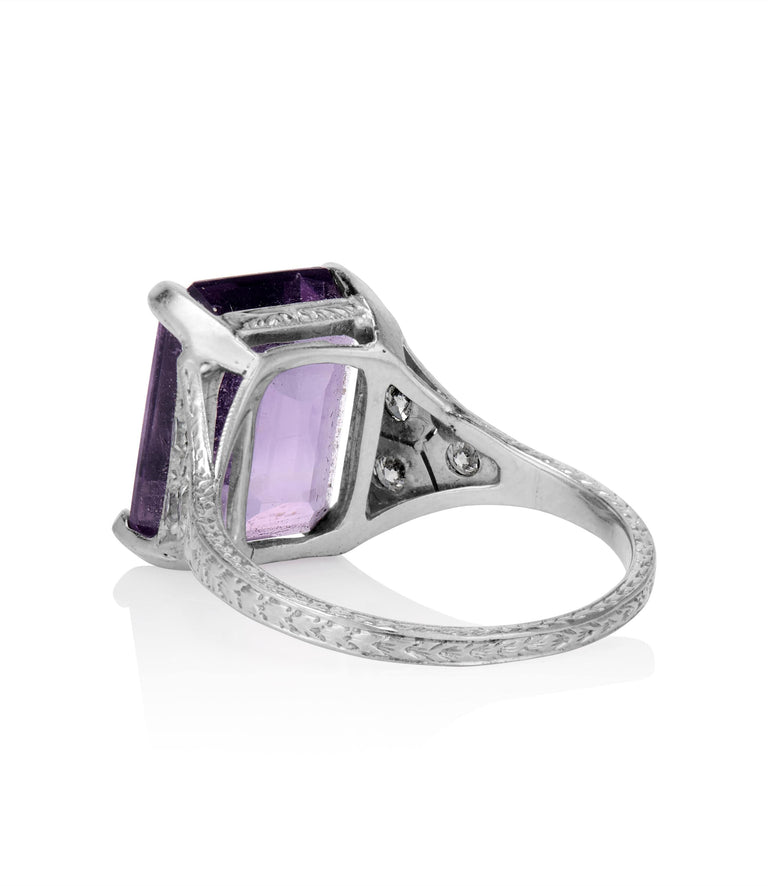 Edwardian 6 Carat Emerald Cut Amethyst and Diamond White Gold Engagement Ring