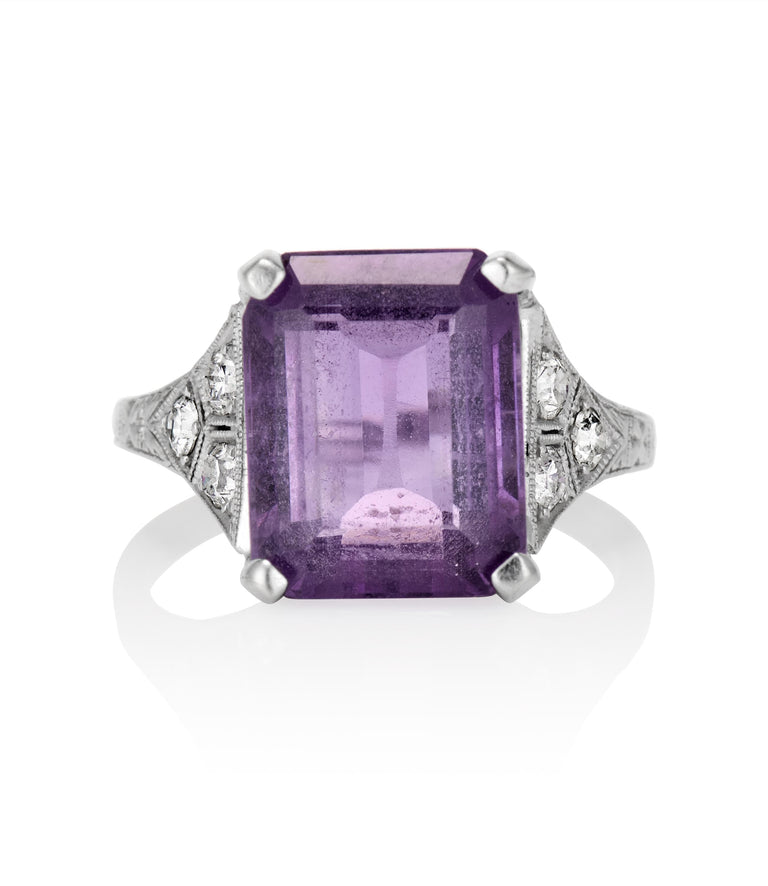 Edwardian 6 Carat Emerald Cut Amethyst and Diamond White Gold Engagement Ring